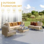 7pcs Wicker Patio Furniture Set, Boho Outdoor Conversation Set Sectional Sofa With Thick Cushions And Coffee Table 2