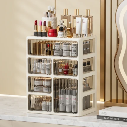 Cream Color Cosmetics Box,Multi-compartment Lipstick/Mask Organizer,Drawer Dresser for Skincare/Makeup Brushes,1–4 tiers
