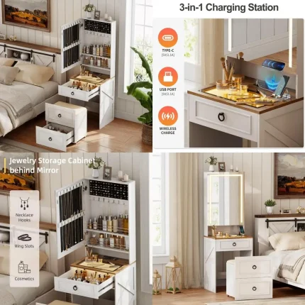 Illuminated Makeup Vanity Desk with Glass Surface and Charging Port