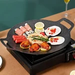 Non-Stick Roasting Korean BBQ Round Pan Cast Iron Double Handled Crepe Pan Round Griddle Grill Pan for BBQ Griddle with Handle 2