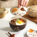 550ml Cartoon Cat Ceramic Instant Noodle Bowl With Lid Underglaze Color Soup Salad Bowl Kitchen Office Student Lunch Box 1pcs 2