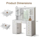 Large LED-lit Glass Top Makeup Vanity Desk with 7 Drawers, 3 Cabinets, and Charging Station, White 6