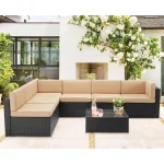 7 Piece Outdoor Patio Furniture Set, PE Rattan Outdoor Grey Wicker Furniture, Outdoor Sectional Furniture Chair Set with Cushion 6