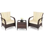 3 Piece Patio Furniture Set, 2 Wicker Chairs with Glass Top Coffee Table, Outdoor Garden Porch Poolside Furniture, Customized