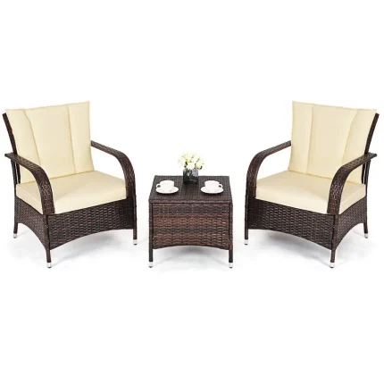 3 Piece Patio Furniture Set, 2 Wicker Chairs with Glass Top Coffee Table, Outdoor Garden Porch Poolside Furniture, Customized