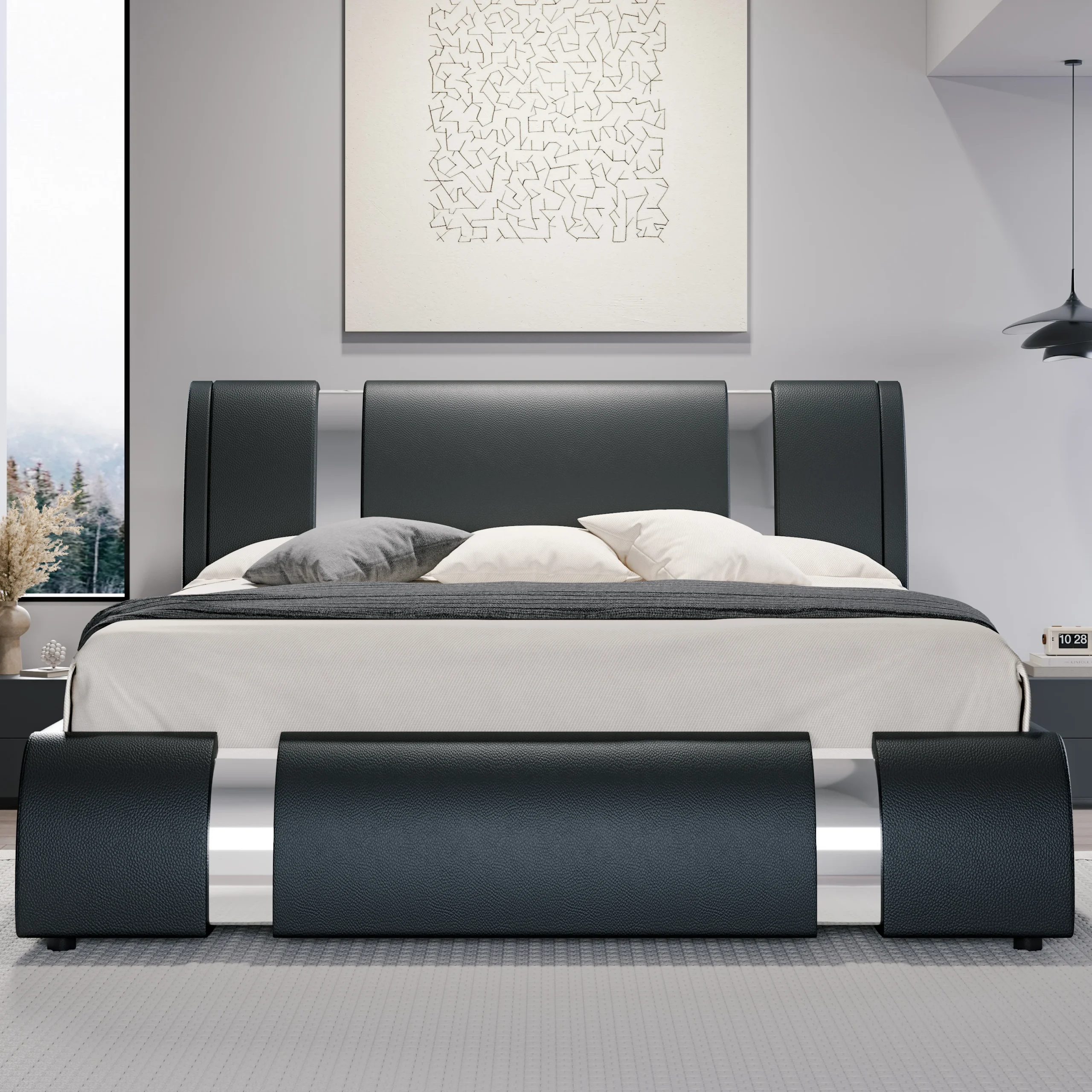 HOOMIC Modern Faux Leather Bed Frame with Iron Pieces Decor, Low Profile Platform Bed with Height-Adjustable Headboard HOOMIC Modern Faux Leather Bed Frame with Iron Pieces Decor, Low Profile Platform Bed with Height-Adjustable Headboard