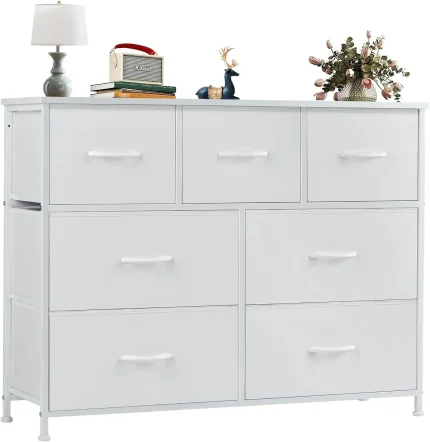 Dresser for Bedroom, 7 Storage Drawers, Wide Fabric Closet Chests Organizer Tower Furniture,TV Stand with Wooden Top Metal Frame