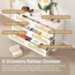 REDLIFE 47.24" Rattan Dresser with 6 Drawers ,Modern Chest Wood Storage Closet w/ Golden Handles for Bedroom Living Room Hallway 4