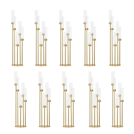 10PCS Gold Floor Candelabra,5 Arm Candle Holder Tall Floor Candle Holder with Acrylic Lampshade for Wedding Table Birthday Party