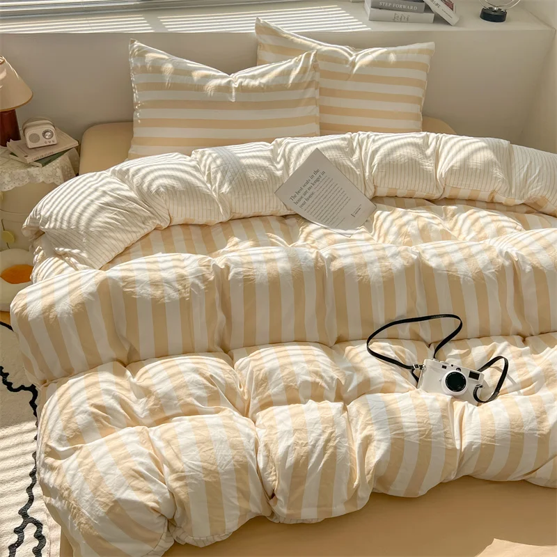 Washed Cotton Double Yarn Crepe Striped Quilt Set 3-4 Pillowcase with Sheet Bedding Cover Supplies 200x230 220x240 Skin Friendly Washed Cotton Double Yarn Crepe Striped Quilt Set 3-4 Pillowcase with Sheet Bedding Cover Supplies 200x230 220x240 Skin Friendly