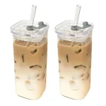 1pcs Square Heat Resistant Coffee Glass Cup With Lid and Straw Transparent Milk Tea Juice Cups Coffee Mug For Home Bar Drinkware 4