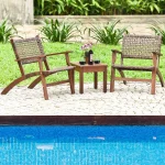 3 Pieces Patio Conversation Set, Solid Eucalyptus Wood Frame Outdoor Wicker Furniture Set Bistro Set with Coffee Table, Rattan F 2