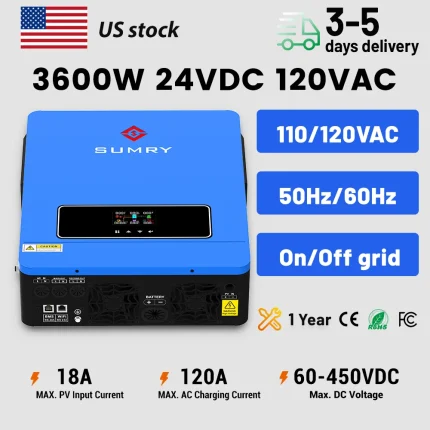 Sumry 3600w Hybrid Solar Inverter 110/120v 24v Dual Output with MPPT 120A 50/60hz Pure Sine Wave Home Inversor