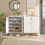 Tribesigns White Shoe Cabinets with Doors, 5-Tier Shoe Rack, Wood Storage Cabinet for Bedroom Hallway Living Room 2