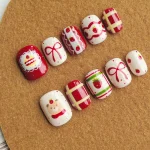 30pcs Milky White Fake Nails Cute Cartoon Fish & Heart Plaid Press on Nail Short Oval False Nail for Women&Girl Bean Nail Art 2