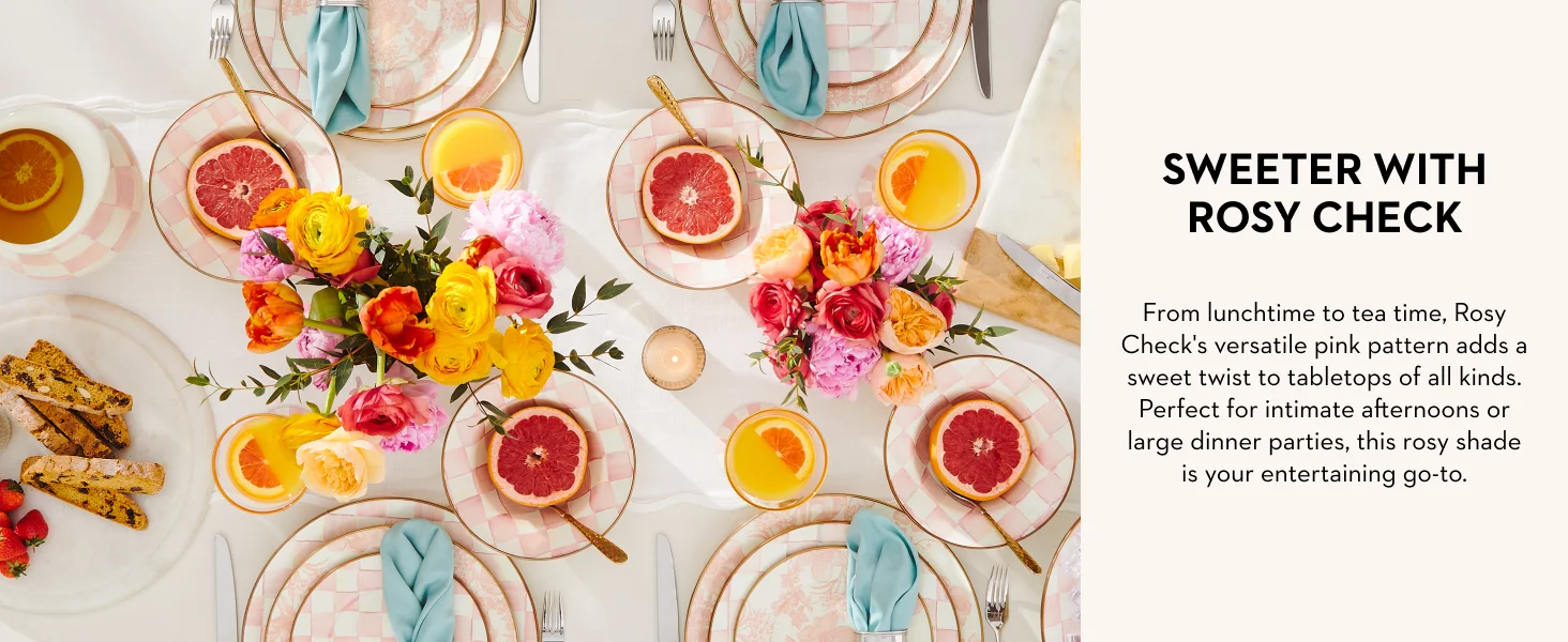 Rosy Check glasses and dinnerware for your perfect pink dinner.