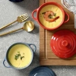 Ceramic Double Ear Bowl Mini Ceramic Glazed Baking Bowl with Lid Breskfast Steamed Egg Pudding Bowl Soup Bowls Microwave Oven 5