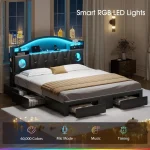 California King Bed Frames, Cal King Bed Frame with Storage Headboard & 6 Drawers, Platform Bed with with LED Lights & Charging 6