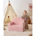 Kids Couch, 2-in-1 Soft Toddler Couch Fold Out, Toddler Chair Comfy, Convertible Sofa to Lounger, Kids Furniture for, Pink Shell 2