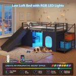 Low Loft Bed with Slide, Storage Stairway, LED Lights, Twin Size Metal Frame, Under-Bed Play Space & Art Table 4