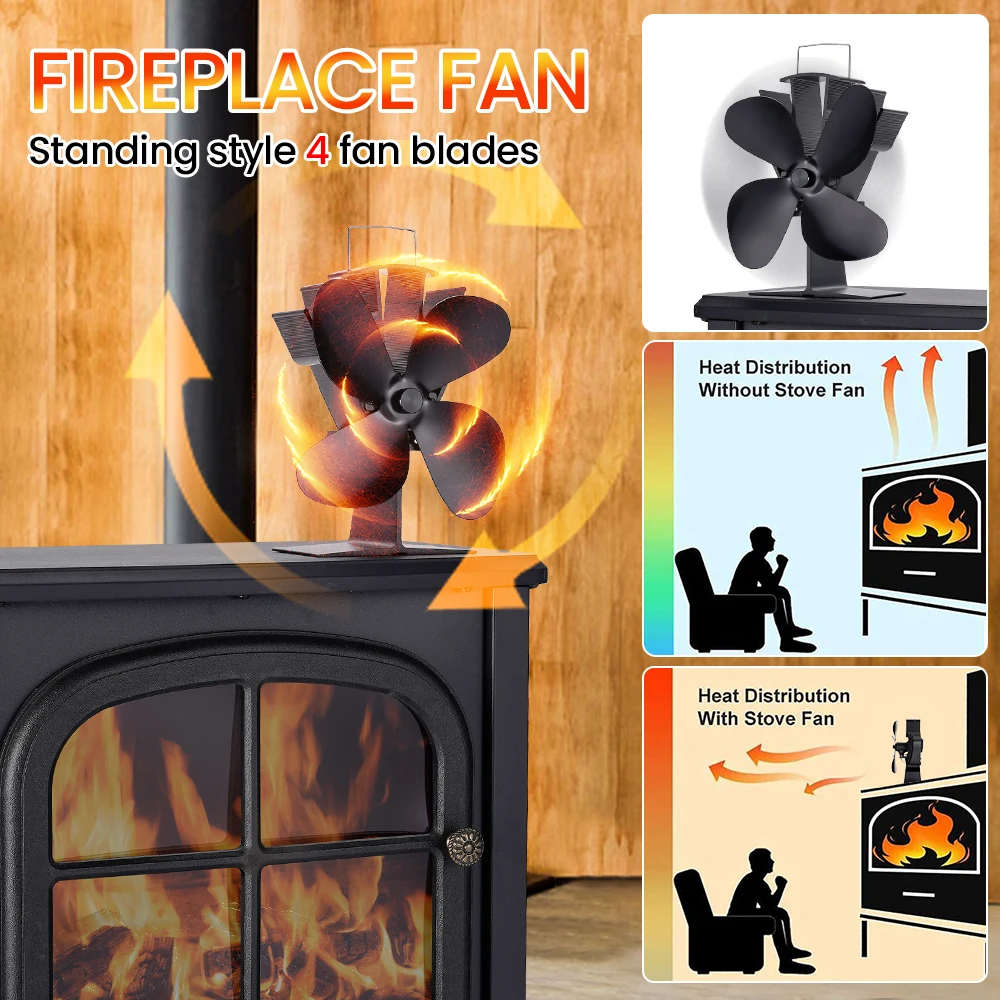 4 Blade Heat Powered Stove Fan Black Fireplace Fan komin Log Wood Burner Eco Friendly Quiet Fan Home Efficient Heat Distribution 4 Blade Heat Powered Stove Fan Black Fireplace Fan komin Log Wood Burner Eco Friendly Quiet Fan Home Efficient Heat Distribution