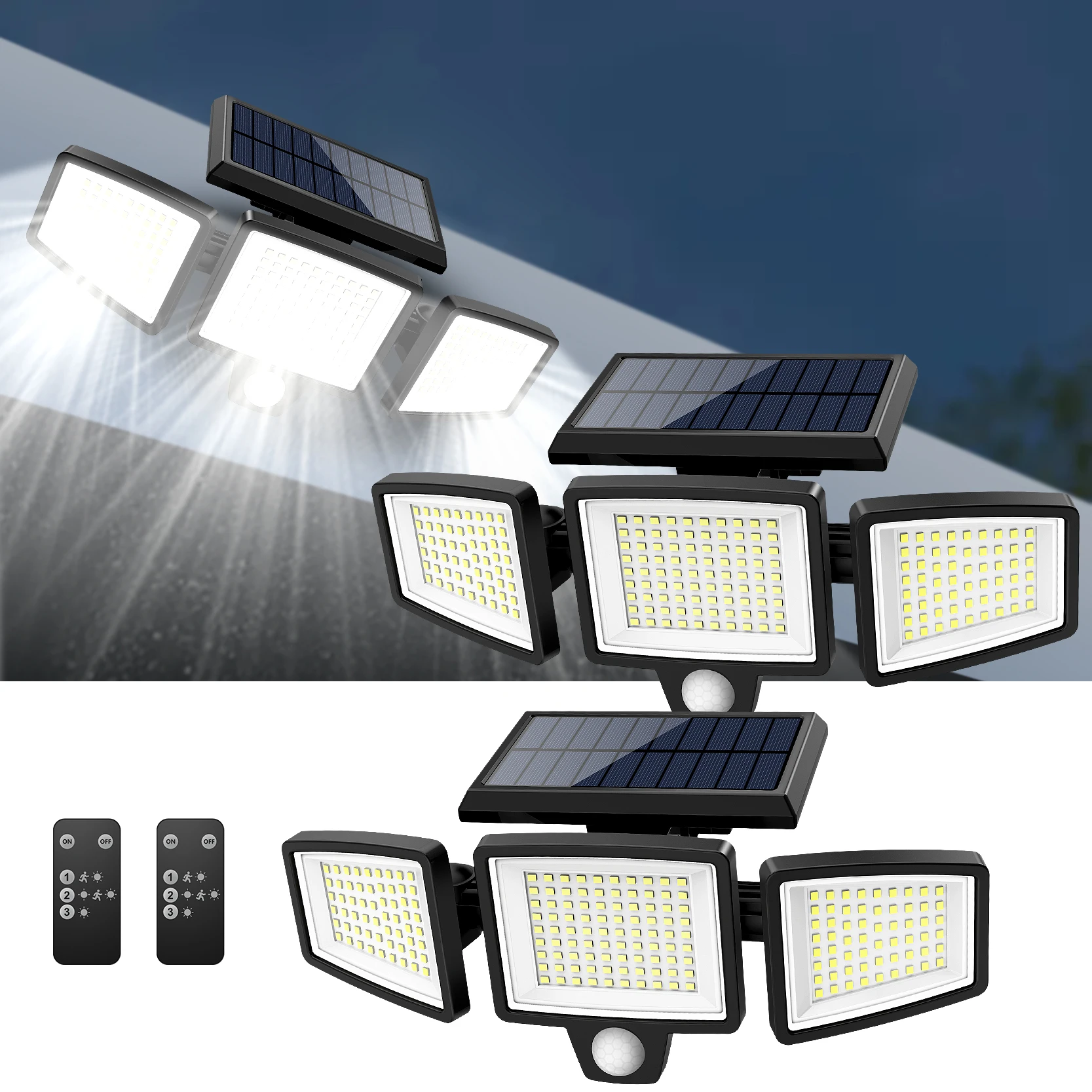 Outdoor Waterproof Solar Light with Motion Sensor 3-Head 200+ LEDs Security Light for Porches Garages Yard Entrances Outdoor Waterproof Solar Light with Motion Sensor 3-Head 200+ LEDs Security Light for Porches Garages Yard Entrances