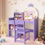 Kids Vanity with Lights, 2 in 1 Princess Makeup Vanity Desk & Chair Set, Toddler Vanity Table with Open Bookshelf for Girls 2