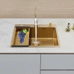 Gold Kitchen Sink,Rectangular Sink Single Bowl Sink with Draining Basket&Gold Soap Dispenser&Gold Faucet 60*45CM 3