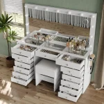 55" W Vanity Desk, Makeup Vanity with Charging Station, 15 Drawers with Lighted Mirror, 3 Lighting Modes, Brightness 3