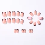 24Pcs Gold Ripple Brown Flowers False Nails with Rhinestones Pearl Design Wearable Almond False Nails Full Cover Press on Nails 4