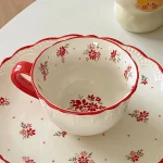 Vintage red floral underglaze relief lace ceramic coffee cup 2