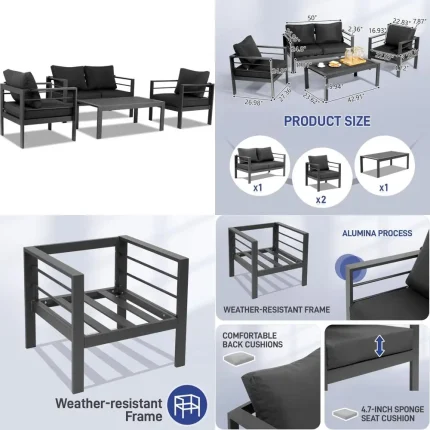 4-Seat Aluminum Outdoor Sectional Furniture Set with Thick, Washable Cushions and Coffee Table for Patio Conversation Areas