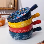 Bohemian Ceramic Hand-Painted Embossed Patterned Salad Bowl with Handle Kitchen Bakeware Microwave & Oven Safe 1 pc 6