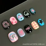 30pcs Milky White Fake Nails Cute Cartoon Fish & Heart Plaid Press on Nail Short Oval False Nail for Women&Girl Bean Nail Art 3