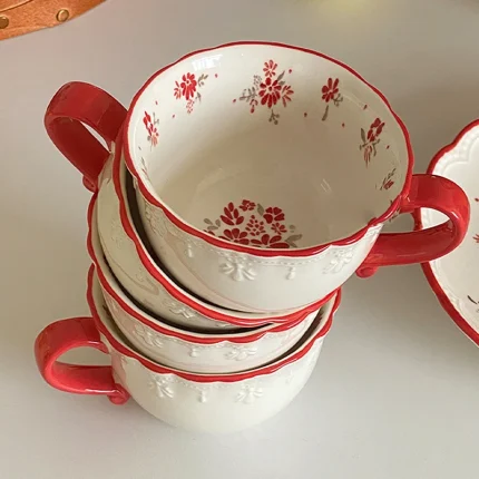 Vintage red floral underglaze relief lace ceramic coffee cup