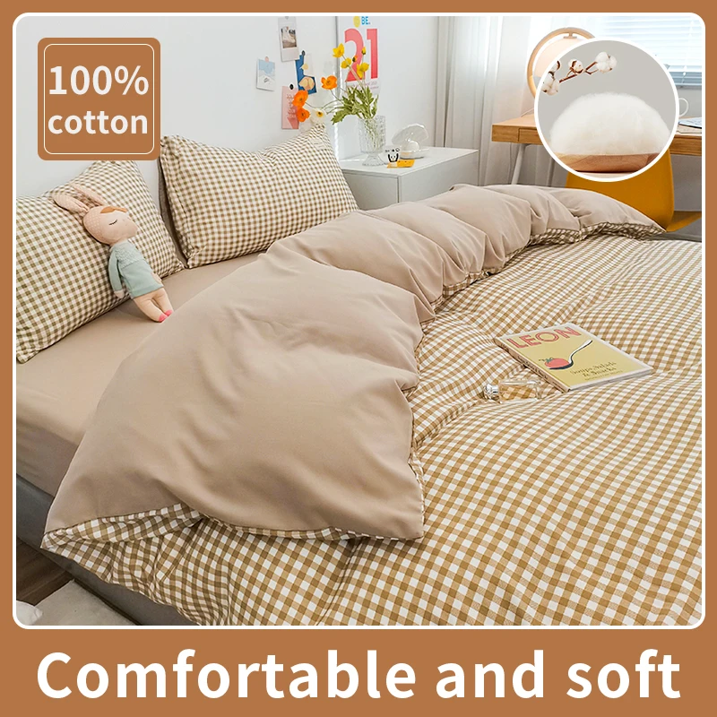 100% Cotton Duvet Cover Set,Bedding Set With Plaid Stripe,Skin Friendly Breathable,1 Duvet Cover,2 Pillowcase,Japan Simple Style 100% Cotton Duvet Cover Set,Bedding Set With Plaid Stripe,Skin Friendly Breathable,1 Duvet Cover,2 Pillowcase,Japan Simple Style
