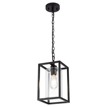 1Light Farmhouse Pendant Light, Black Metal Cage Light Fixtures with Adjustable Chain and Glass Shade,Hanging Lights for Kitchen