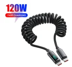 120W Type C Cable Digital Display Car Spring Charging Cord Retractable USB C To Type C Fast Charging Cable for iPhone 17 Xiaomi