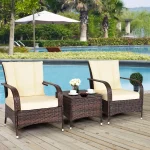 3 Piece Patio Furniture Set, 2 Wicker Chairs with Glass Top Coffee Table, Outdoor Garden Porch Poolside Furniture, Customized 2