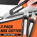3 Pack Utility Knife Box Cutter Retractable, Compact Box Knife for Cartons, Cardboard and Boxes, with 10 Piece 18mm Wider 4