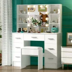 Minimalist natural wood vanity with light-up mirror – 3 light modes, slide-out drawers & shelves 3