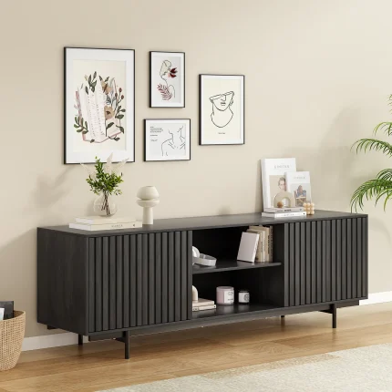 Mid Century Modern TV Stand for TVs Up to 75", Farmhouse Fluted TV Stand, Retro Wood TV Stand with Storage and Shelf