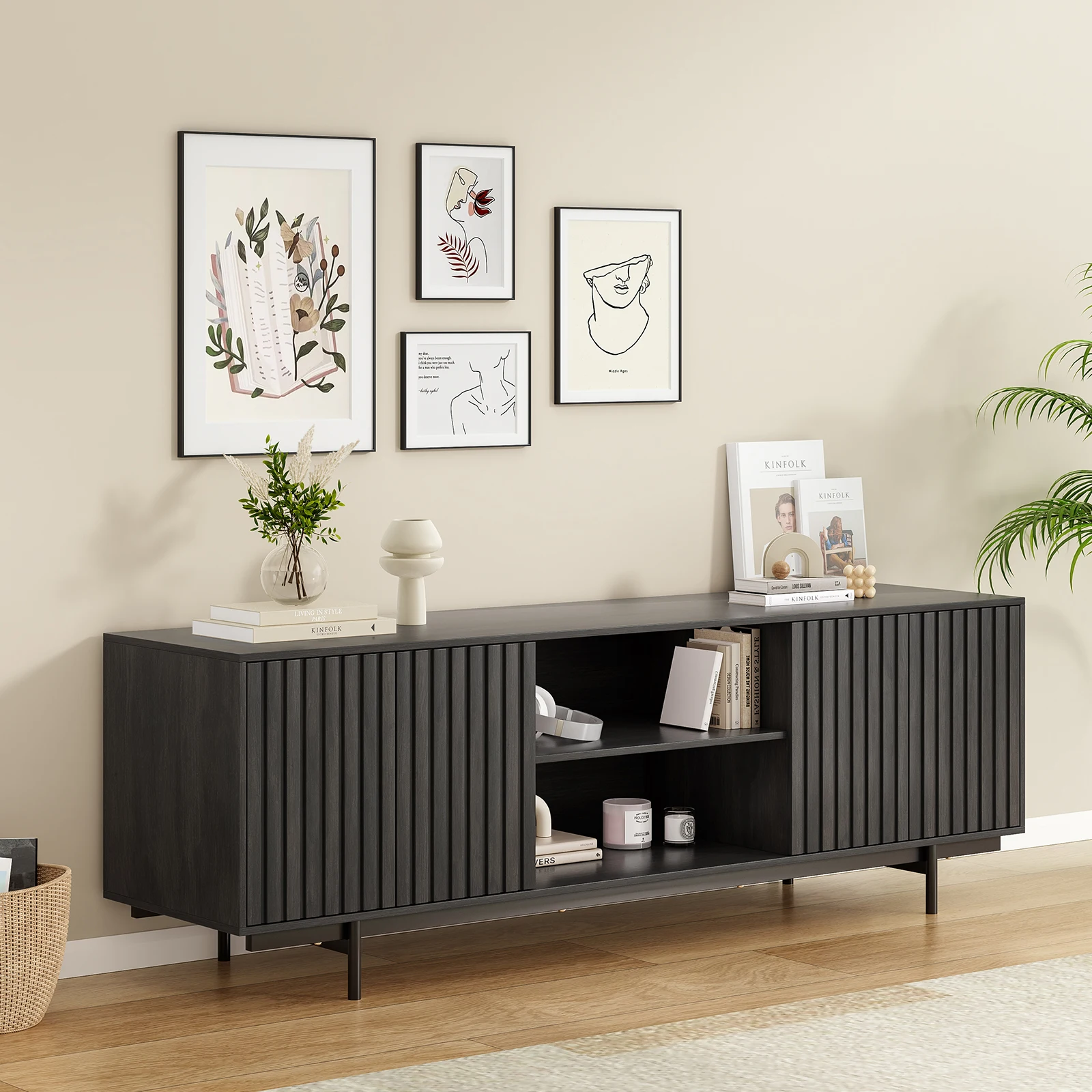 Mid Century Modern TV Stand for TVs Up to 75", Farmhouse Fluted TV Stand, Retro Wood TV Stand with Storage and Shelf Mid Century Modern TV Stand for TVs Up to 75", Farmhouse Fluted TV Stand, Retro Wood TV Stand with Storage and Shelf