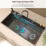 Stainless Steel Waterfall Kitchen Sink New Embossed Extra Large Single Slot Modern Digital Display Multifunctional Kitchen Sinks 4