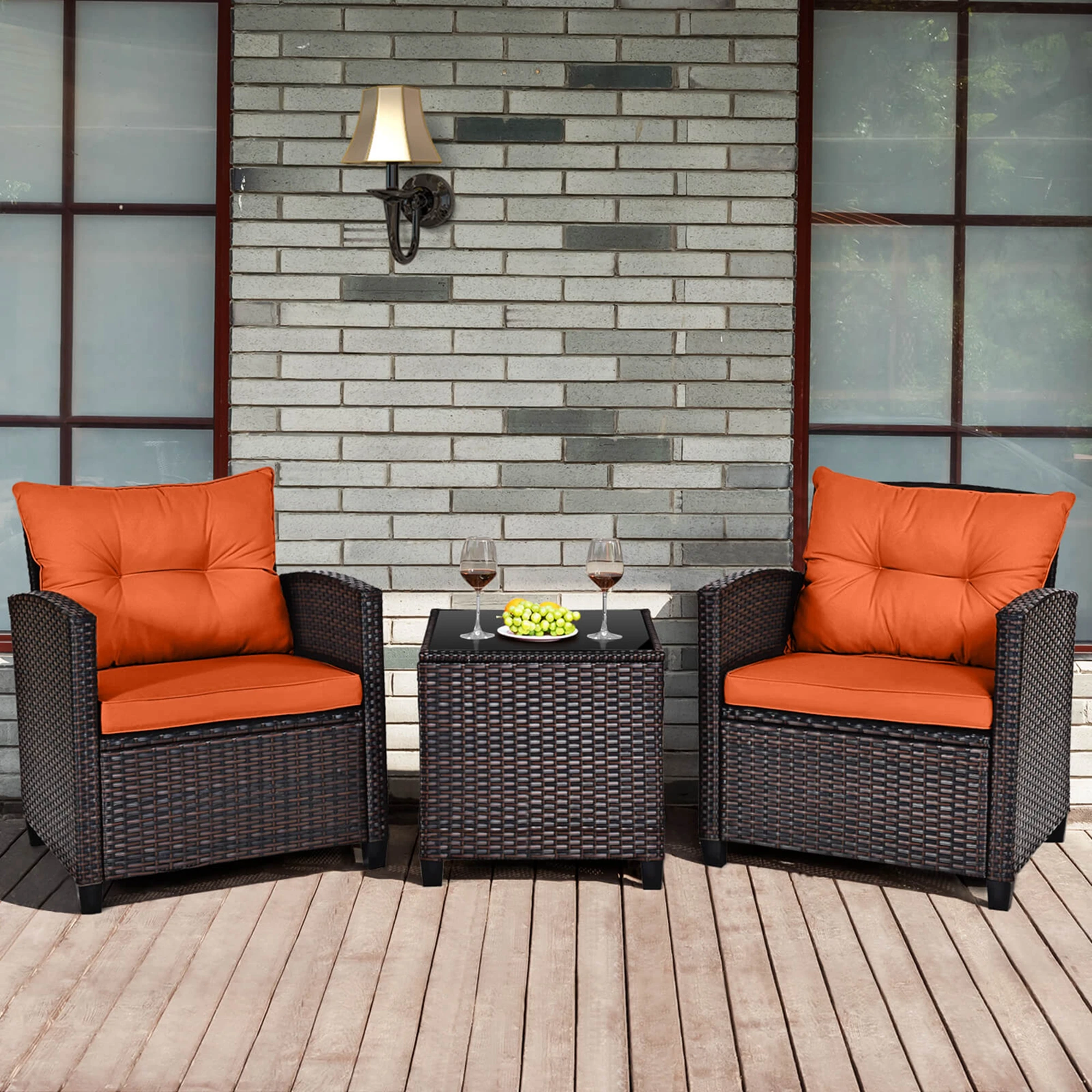 3 PCS Patio Rattan Furniture Set Cushioned Conversation Set Sofa Orange 3 PCS Patio Rattan Furniture Set Cushioned Conversation Set Sofa Orange