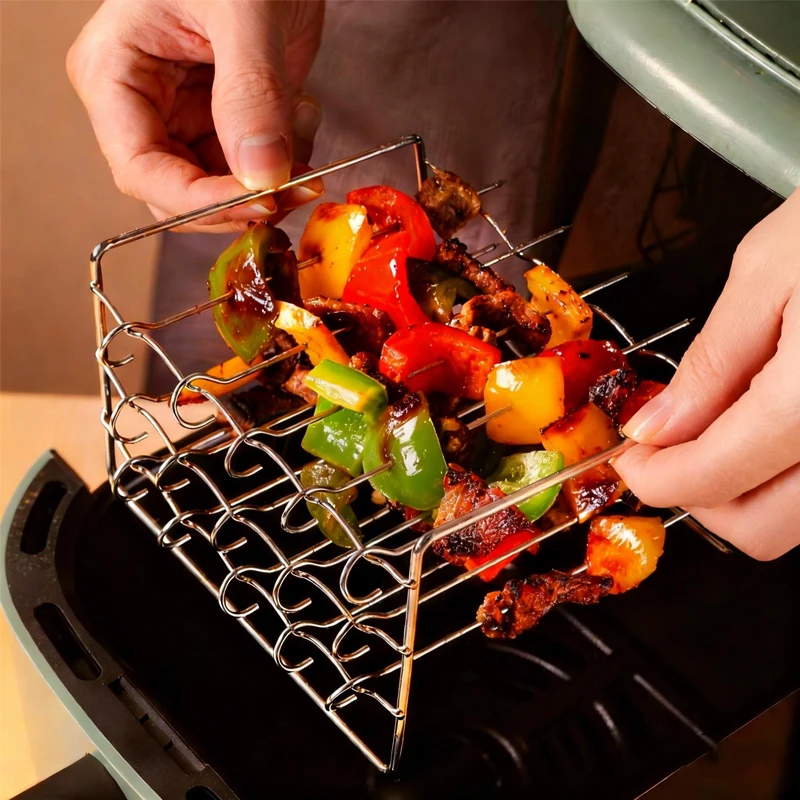 Stainless Steel Air Fryer Grill with Barbecue Stick Kitchen Air Fryer Rack 3 Layer Oven Cooking Vertical Grill with Skewers Stainless Steel Air Fryer Grill with Barbecue Stick Kitchen Air Fryer Rack 3 Layer Oven Cooking Vertical Grill with Skewers