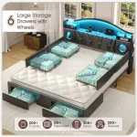 California King Bed Frames, Cal King Bed Frame with Storage Headboard & 6 Drawers, Platform Bed with with LED Lights & Charging 3
