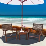 3 Pieces Patio Conversation Set, Solid Eucalyptus Wood Frame Outdoor Wicker Furniture Set Bistro Set with Coffee Table, Rattan F 4