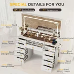 White Makeup Vanity with 11 Drawers and Glass Top Adjustable Brightness Lighting Mirror for Bedroom 3 Lighting Modes Makeup Des 3