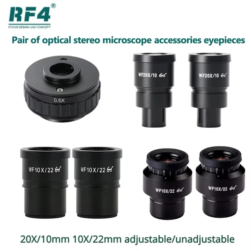 RF4 Pair of 20X/10mm 10X/22mm Adjustable/non-adjustable Binocular and Tri-optic Optical Stereo Microscope Accessories Eyepieces RF4 Pair of 20X/10mm 10X/22mm Adjustable/non-adjustable Binocular and Tri-optic Optical Stereo Microscope Accessories Eyepieces